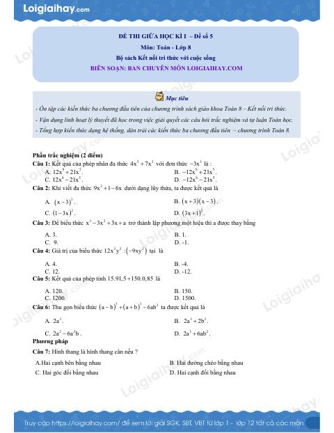 Đề thi giữa kì 1 Toán 8 - Đề số 5 - Kết nối tri thức